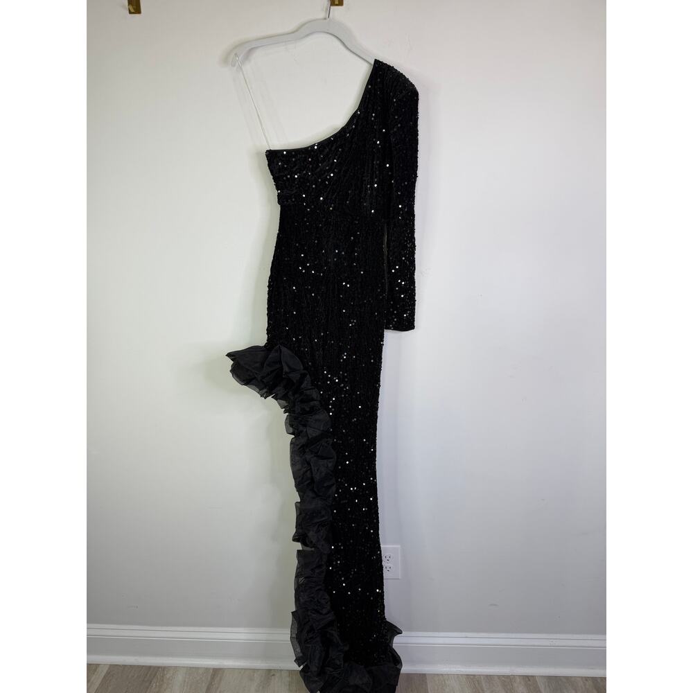 Faeriesty One Shoulder Long Sleeve Asymmetrical Hem Sequin Dress Black Size XS - Picture 6 of 9